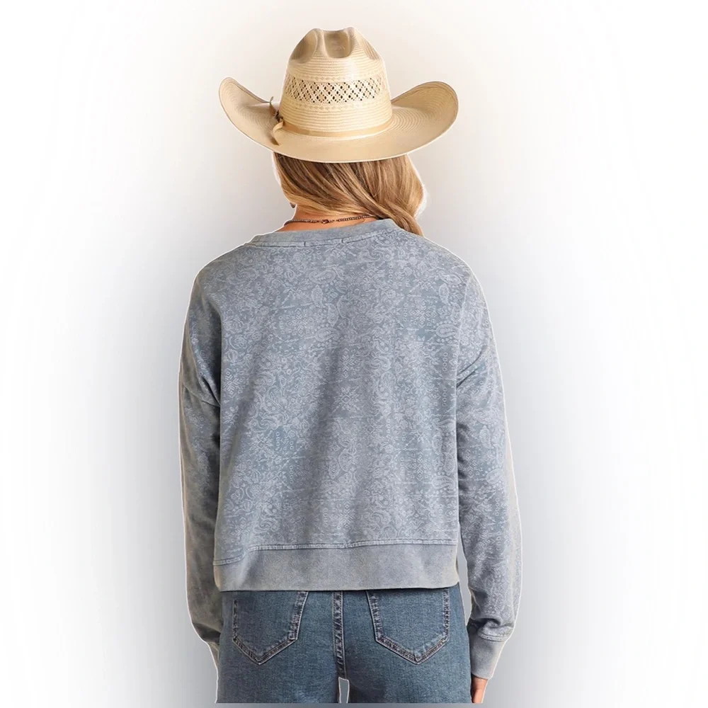 Rock & Roll Denim Blue Bandana Print Crewneck Pullover Sweatshirt Size M NWT - Picture 2 of 6